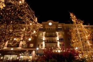 Naperville IL holiday lights sparkle on trees and buildings at dusk. A clock tower rises above the festive scene, perfect for DIY holiday light installation.