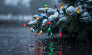 Snowy evergreen branch adorned with colorful Christmas lights, some lights reflecting in a puddle during a light snowfall. Can Christmas Lights Get Wet? This image shows outdoor use.