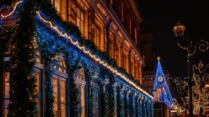 Building adorned with Christmas lights and garlands, part of a commercial Christmas light installation. A decorated Christmas tree stands in the background.